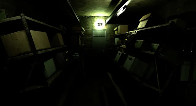 Shattered Lights: a narrow storeroom corridor between shelves of boxes, lit by one green lamp