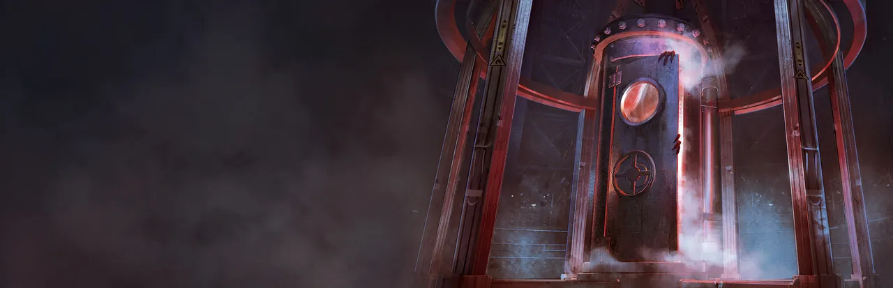 Shattered Lights key art: clawed fingers grip the edge of a steaming metal pod door inside a red-lit cylindrical chamber
