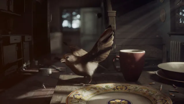 A pigeon stands on a kitchen table among plates and a red mug in the grandmother's sunlit, dusty kitchen