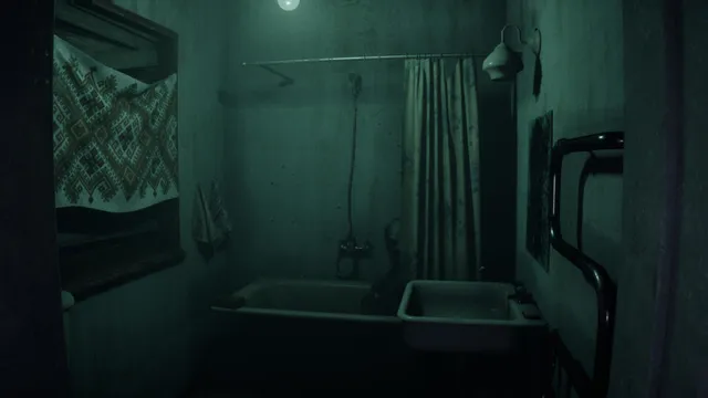 A dim green-lit bathroom with a bathtub, a sink, a shower curtain and an embroidered towel on the wall