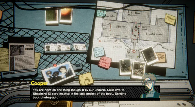 The handler's desk with a hand-drawn map of the lab, Polaroid photos and a radio line from Cooper about an ID card in the pocket of a body