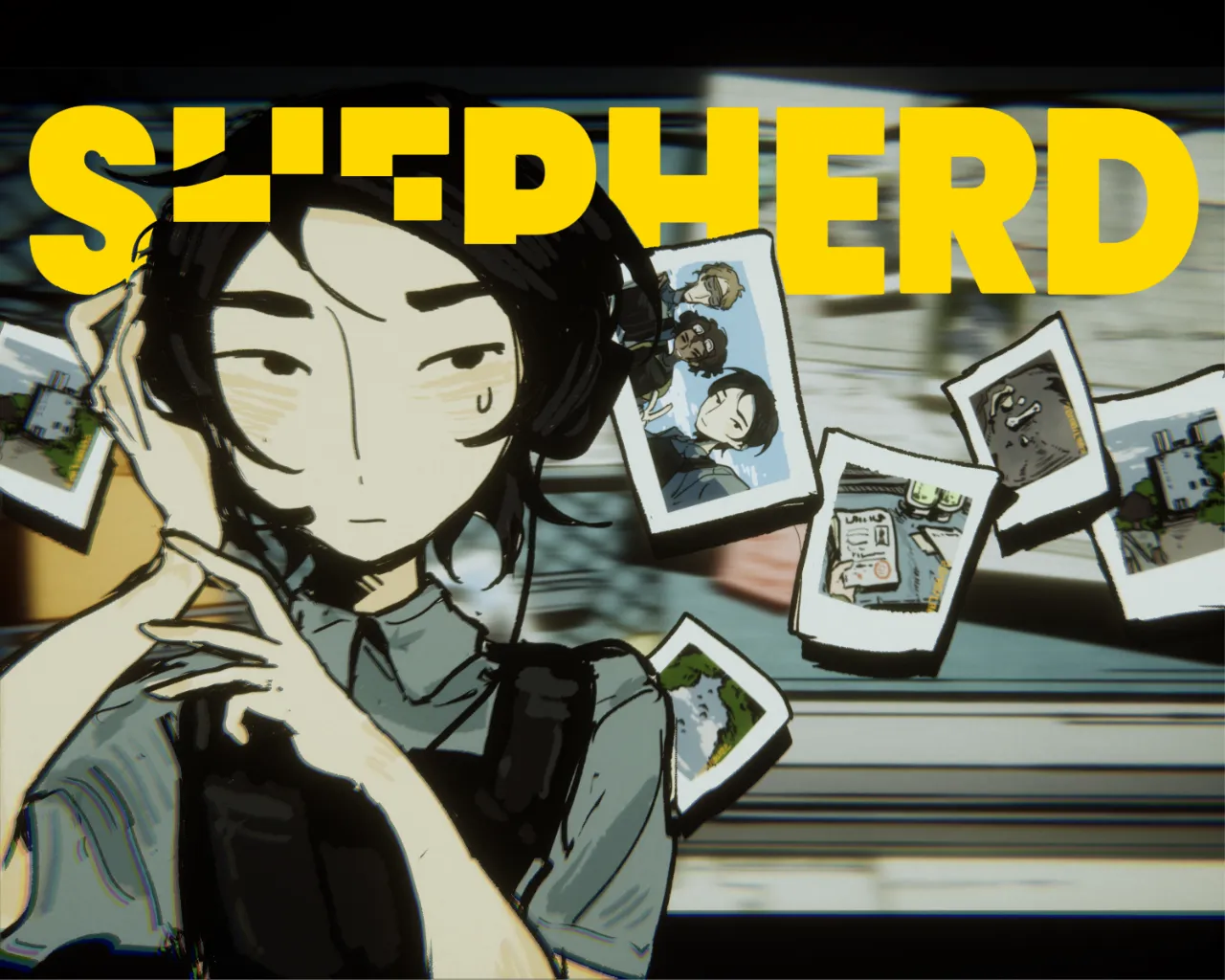 SHEPHERD cover: a dark-haired handler touches her headset, surrounded by pinned photographs, under the yellow title SHEPHERD