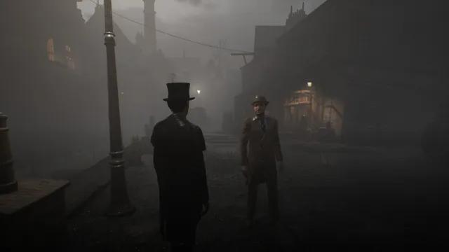 Holmes in a top hat and Watson on a foggy, gaslit London street