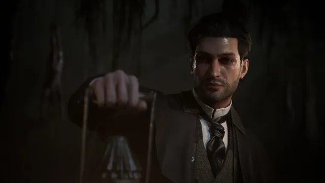 Sherlock Holmes holding up a lantern in the dark