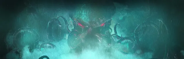 Sherlock Holmes The Awakened key art: a vast tentacled shape with red eyes in green fog