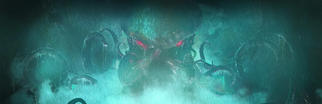 Sherlock Holmes The Awakened key art: a vast tentacled shape with red eyes in green fog