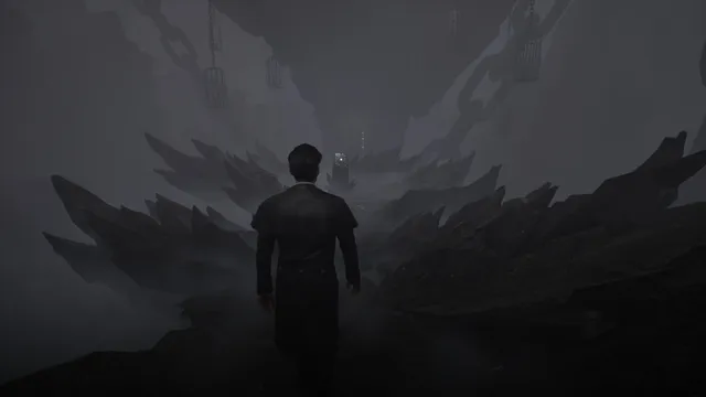 Holmes walking alone through a grey, broken otherworld hung with chains and cages