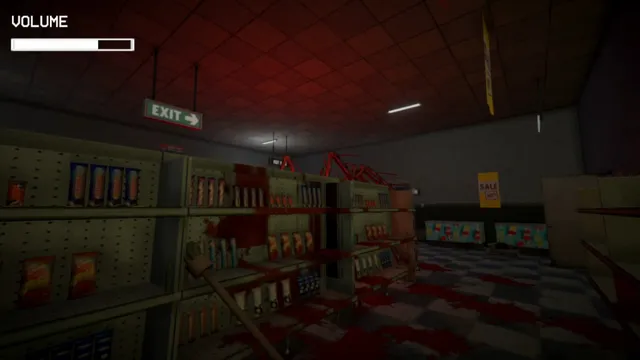 Dark gas station aisles in red light with blood splashed across the shelves and floor