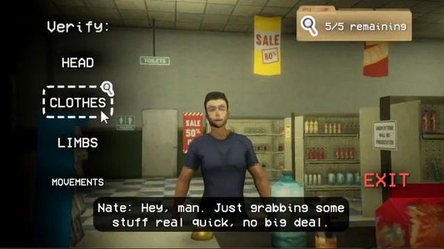A customer stands at the counter while a menu offers to check his head, clothes, limbs and movements