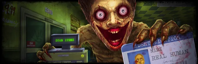 Shift At Midnight key art: a grinning, wide-eyed monster with clawed hands leans over a gas station till, holding up an ID card that reads Real Human