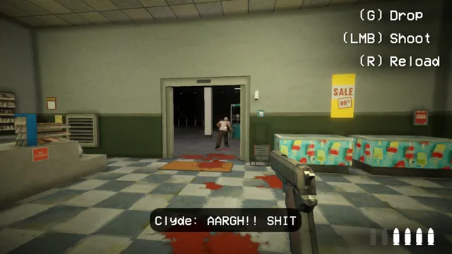 First-person view aiming a pistol at the store's entrance as a figure comes through the doors, with blood on the floor