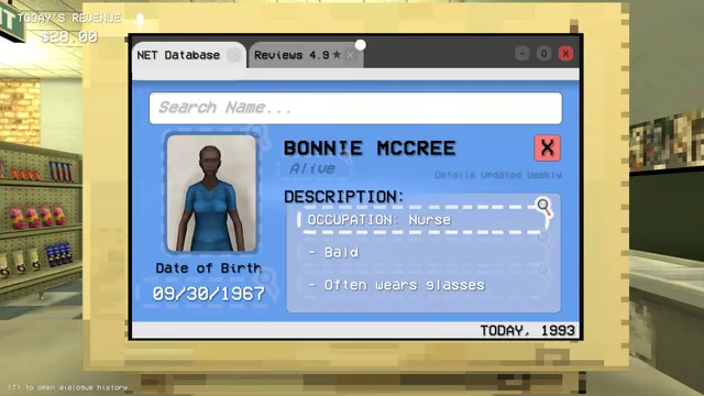 The store computer's database showing a customer's photo, date of birth and description, with the date reading 1993