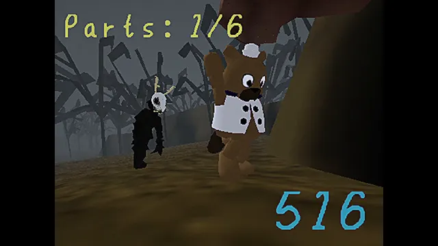 Shipwrecked 64 screenshot: Bucky beside a dark, antlered figure among dead trees, with a Parts counter