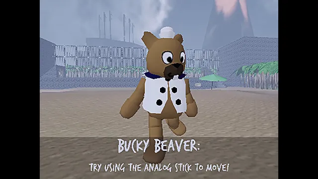 Shipwrecked 64 screenshot: Bucky Beaver on a beach with a tutorial line telling you to use the analog stick