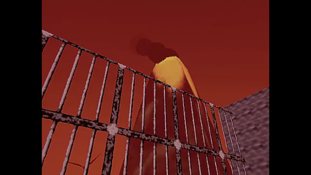 Shipwrecked 64 screenshot: a red sky behind iron bars and a volcano