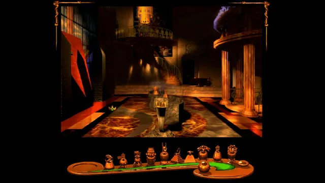 Shivers screenshot: the museum's dim golden entrance hall with a spiral staircase, columns and a fountain, the row of captured spirit vessels on the ornate bar below