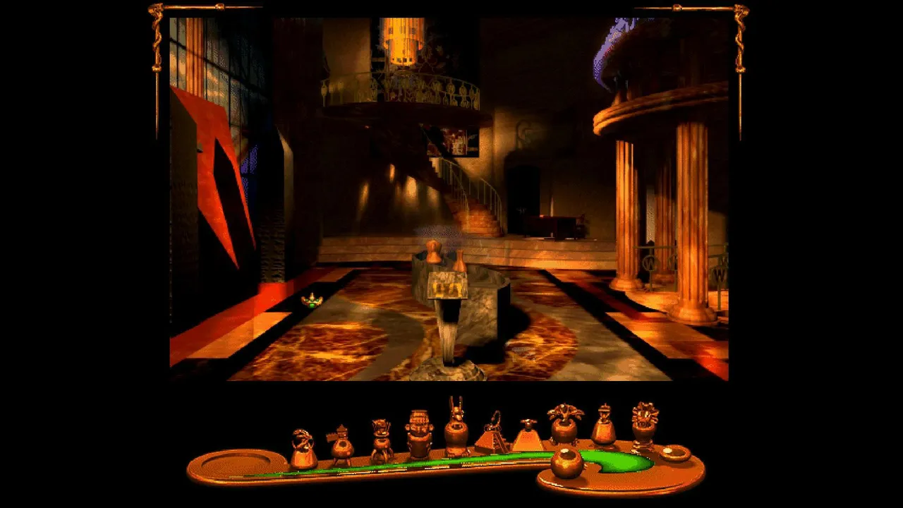 Shivers screenshot: the museum's dim golden entrance hall with a spiral staircase, columns and a fountain, the row of captured spirit vessels on the ornate bar below