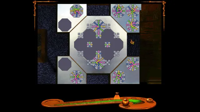 Shivers screenshot: a colourful tile puzzle of octagonal pieces with looping lines on a wall panel