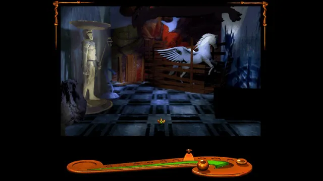Shivers screenshot: a gloomy exhibit room with a pale statue and a winged white horse