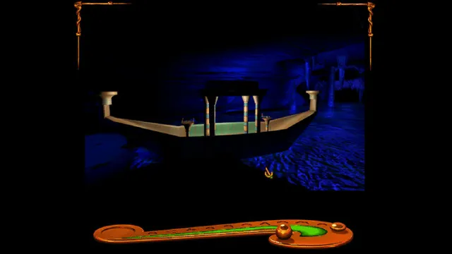 Shivers screenshot: an Egyptian sun boat on a dark blue underground lake