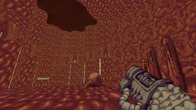 Shrine II screenshot: a long-legged creature in a red flesh cave whose walls are made of curled-up bodies