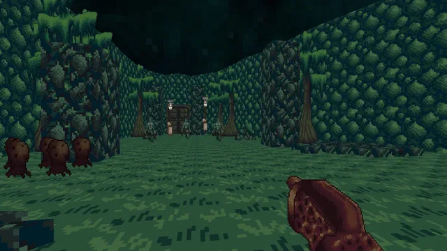 Shrine II screenshot: a pixel-art weapon held up in a dense green forest with lanterns among the trees