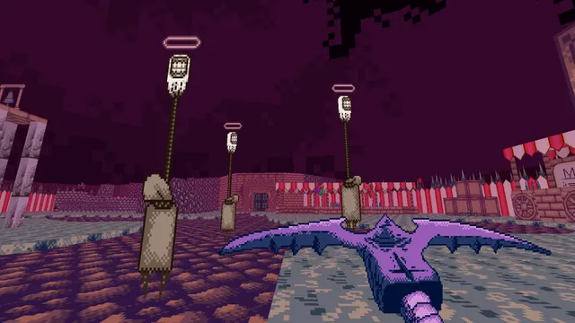 Shrine II screenshot: robed figures hold grinning masks up on poles in a dead carnival under a purple sky, a purple winged weapon in the foreground