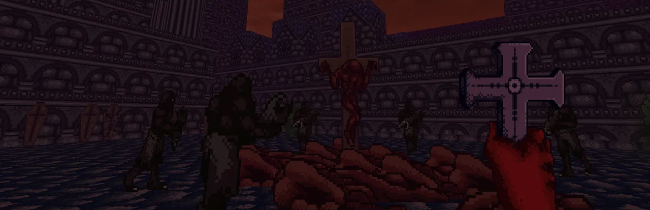 Shrine II key art: a bloody hand holds a cross before a crucified figure on a heap of bodies, robed monsters around it in a gothic square