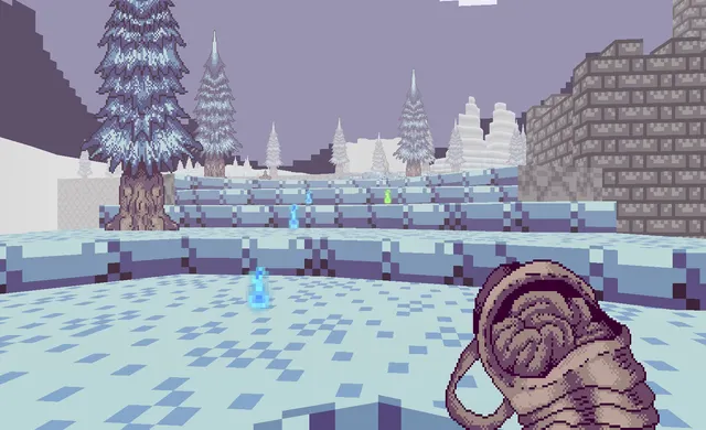 Shrine screenshot: a fleshy weapon held over a pixel-art snowfield with pine trees and stone walls
