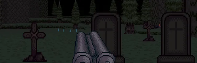 Shrine key art: a double-barrelled shotgun held up among gravestones and crosses in a dark pine forest