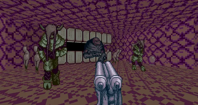 Shrine screenshot: a shotgun aimed at horned green monsters and a hunched grinning creature in a purple flesh-patterned hall