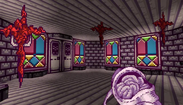 Shrine screenshot: a fleshy hand weapon raised in a chapel with stained glass windows and bloody crucified shapes on the walls