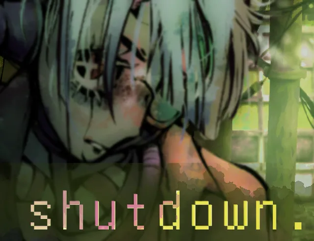 shutdown. title art: a pale-haired doll with a cracked, mechanical eye, painted in washed greens, over pixel lettering