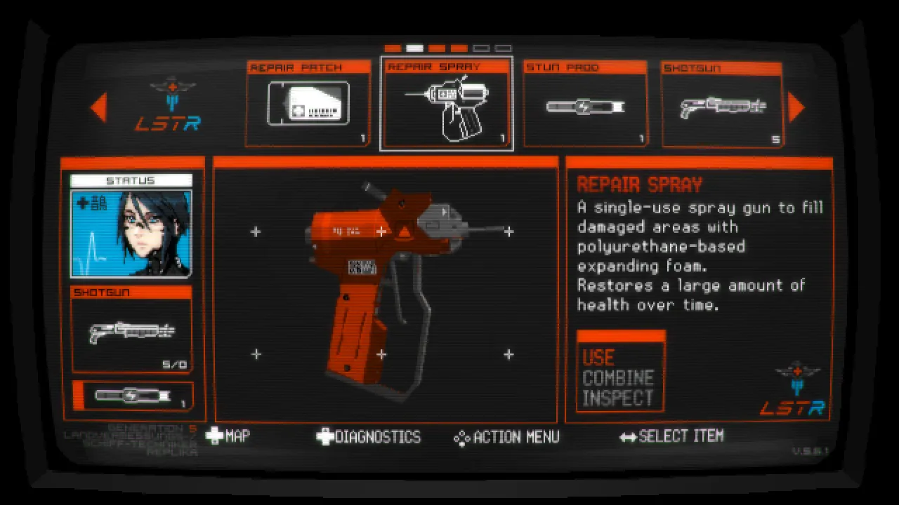The retro inventory and status screen showing six item slots with a repair spray, shotgun and stun prod, beside a portrait of Elster
