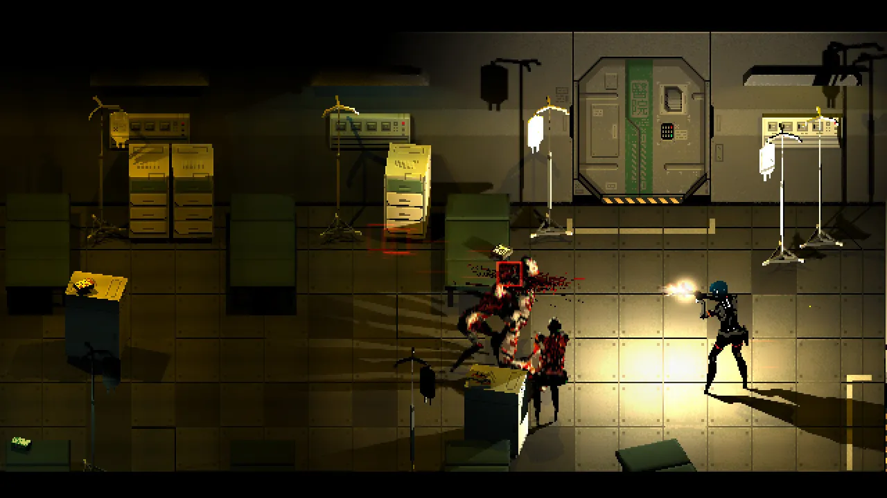 Top-down view of Elster firing a weapon in a dim hospital ward as a bloodied enemy lurches toward her among beds and IV stands