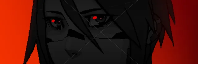 Extreme close-up of Elster's shadowed face with glowing red eyes against a deep red background, drawn in a pixel anime style