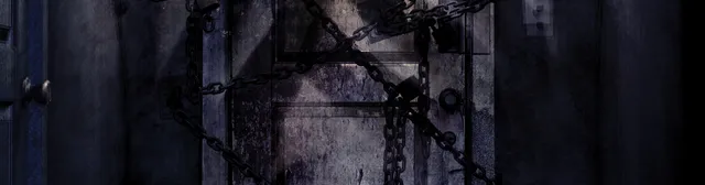 Silent Hill 4: The Room key art: Henry's apartment door wrapped in heavy chains and padlocks in the dark