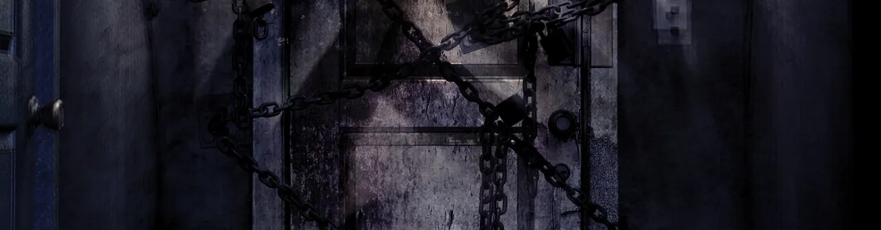 Silent Hill 4: The Room key art: Henry's apartment door wrapped in heavy chains and padlocks in the dark