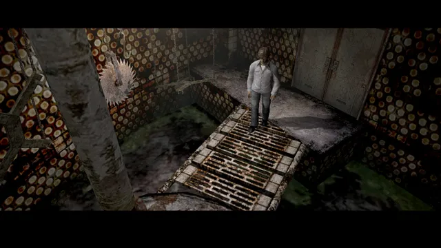 Silent Hill 4: The Room screenshot: Henry walks a rusted grate past a circular saw blade in a room with spotted walls