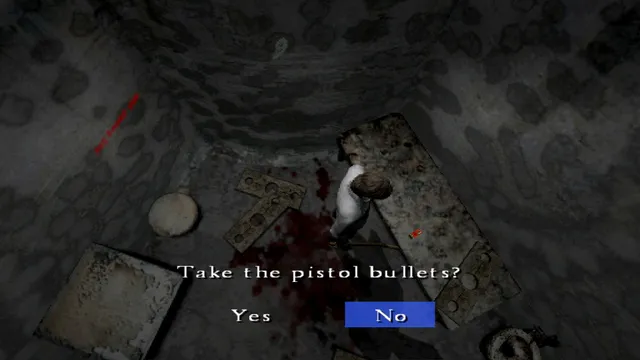 Silent Hill 4: The Room screenshot: seen from above, Henry stands over a blood-stained floor as the game asks whether to take the pistol bullets