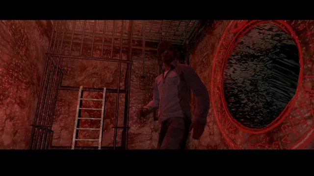 Silent Hill 4: The Room screenshot: Henry in a blood-red cell with a ladder, bars and a round hole ringed with symbols