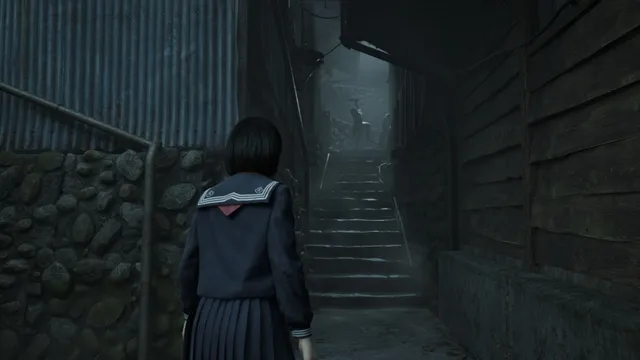 SILENT HILL f screenshot: Hinako from behind at the foot of a foggy stone stairway between wooden walls, a figure waiting at the top