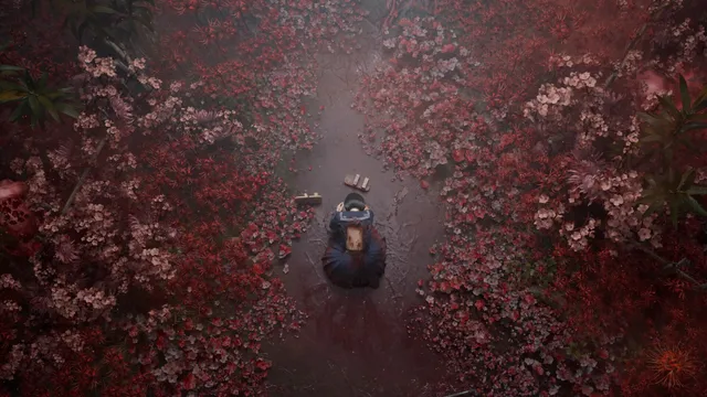 SILENT HILL f screenshot: seen from above, a figure in a school uniform kneels on a path surrounded by red flowers