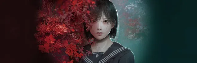 SILENT HILL f art: Hinako in a sailor school uniform, half her face covered by masses of red flowers