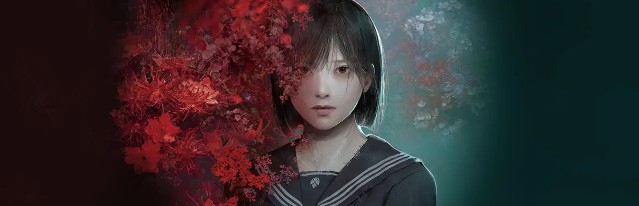 SILENT HILL f art: Hinako in a sailor school uniform, half her face covered by masses of red flowers