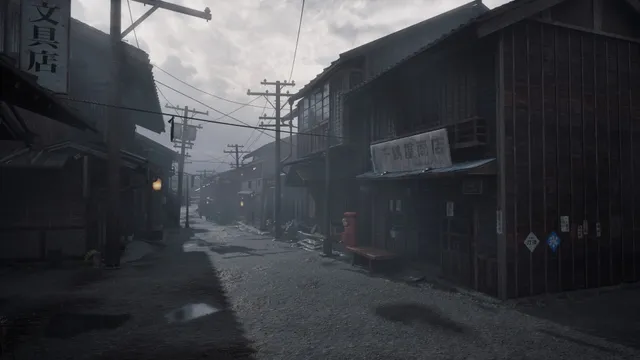 SILENT HILL f screenshot: an empty street of old wooden shops and power lines in a Japanese town under grey sky