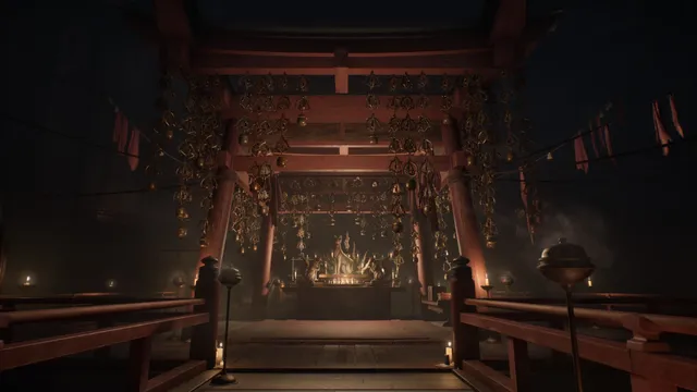 SILENT HILL f screenshot: a dark shrine hall under red torii-like beams, lit by candles and a burning altar