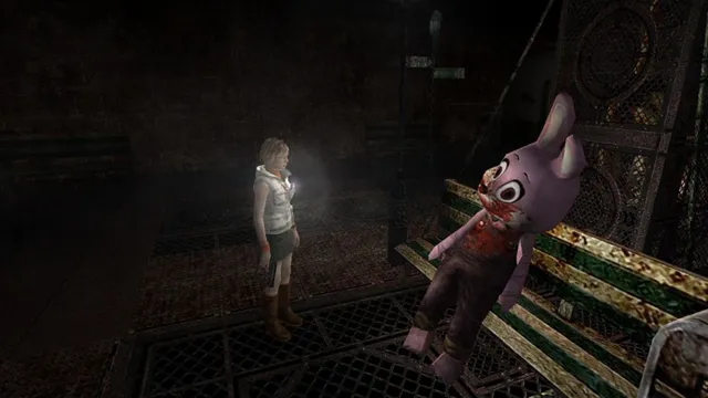 Heather with a flashlight beside a blood-stained pink rabbit costume slumped on a bench