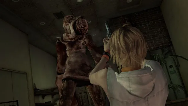 Heather Mason aiming a pistol at a hulking, fleshy monster in a mall corridor in Silent Hill 3