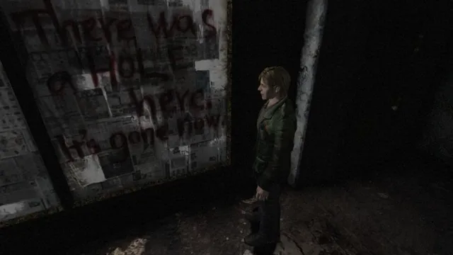 James Sunderland beside a window scrawled in red: There was a hole here. It's gone now.